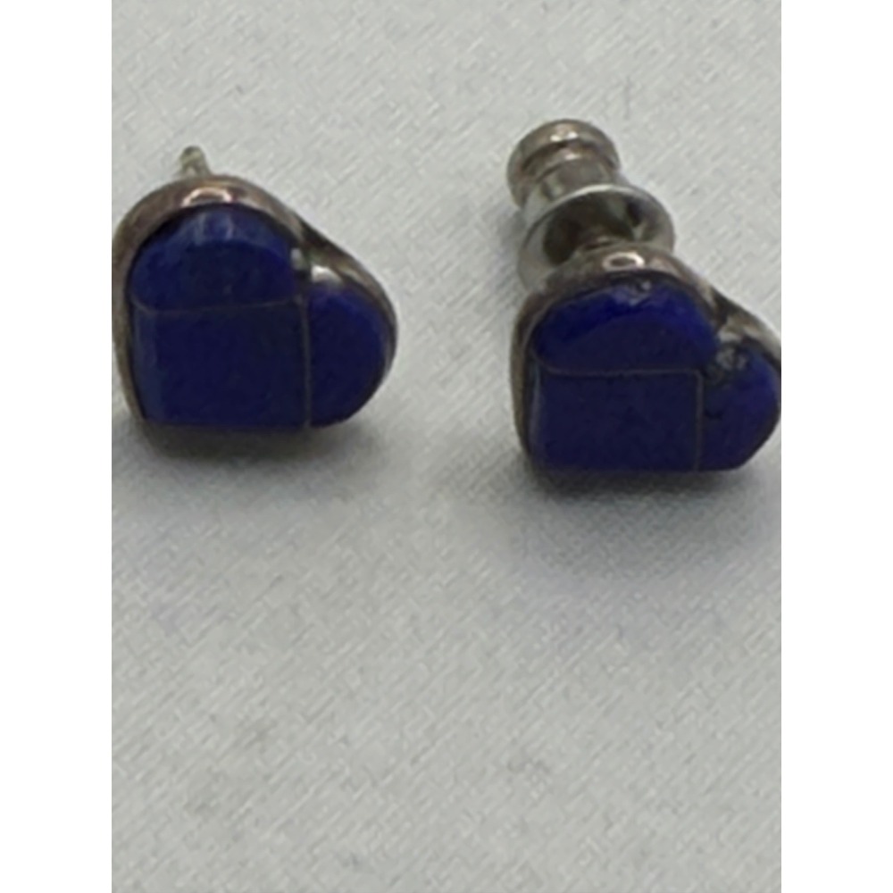 Sterling Silver Lapis Lazuli Heart Stud Earrings Blue Gemstone Inlay Petite